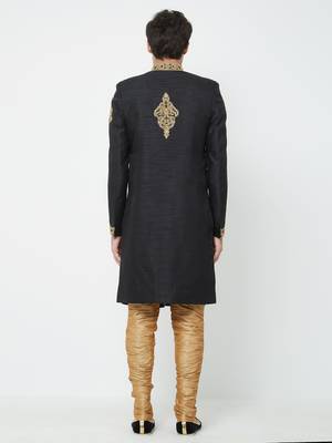 Black Art silk straight handwork sherwani for men's 4