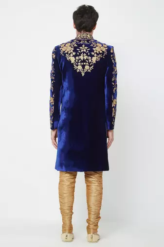 Navy blue art silk straight embroidery with handwork sherwani for men's