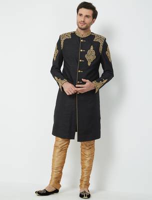 Black Art silk straight handwork sherwani for men's 5