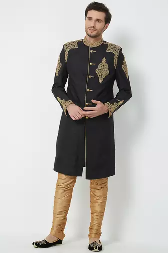 Black art silk straight handwork sherwani for men's