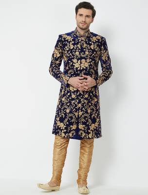 Navy blue Art silk straight embroidery with handwork sherwani for men's 5