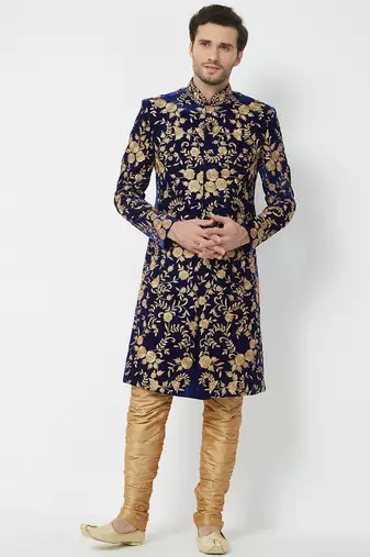 Navy blue art silk straight embroidery with handwork sherwani for men's