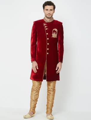 Maroon Art silk straight embroidery with handwork sherwani for men's 1