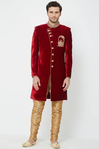Maroon art silk straight embroidery with handwork sherwani for men's