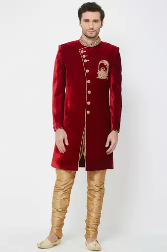 Maroon art silk straight embroidery with handwork sherwani for men's