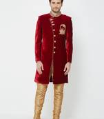 Maroon art silk straight embroidery with handwork sherwani for men's