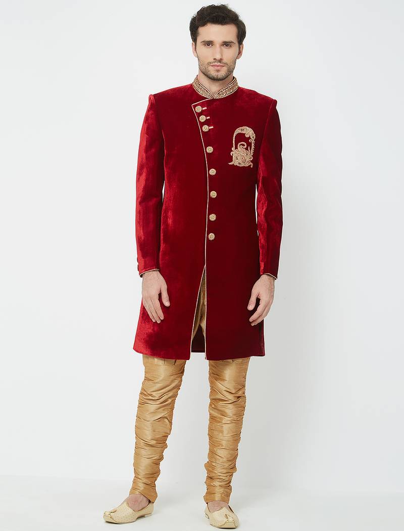 Maroon art silk straight embroidery with handwork sherwani for men's