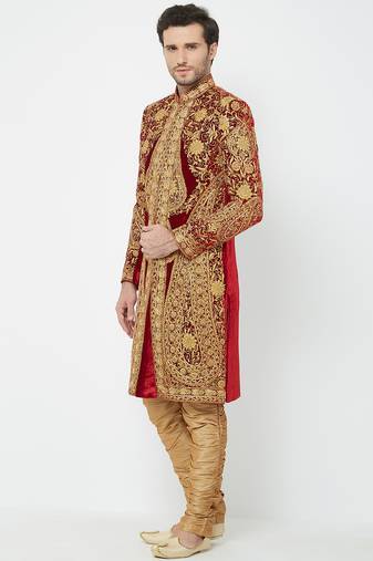 Maroon art silk straight embroidery with handwork sherwani for men's