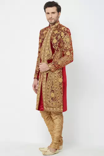 Maroon art silk straight embroidery with handwork sherwani for men's