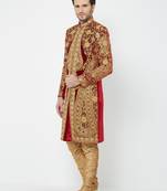 Maroon art silk straight embroidery with handwork sherwani for men's