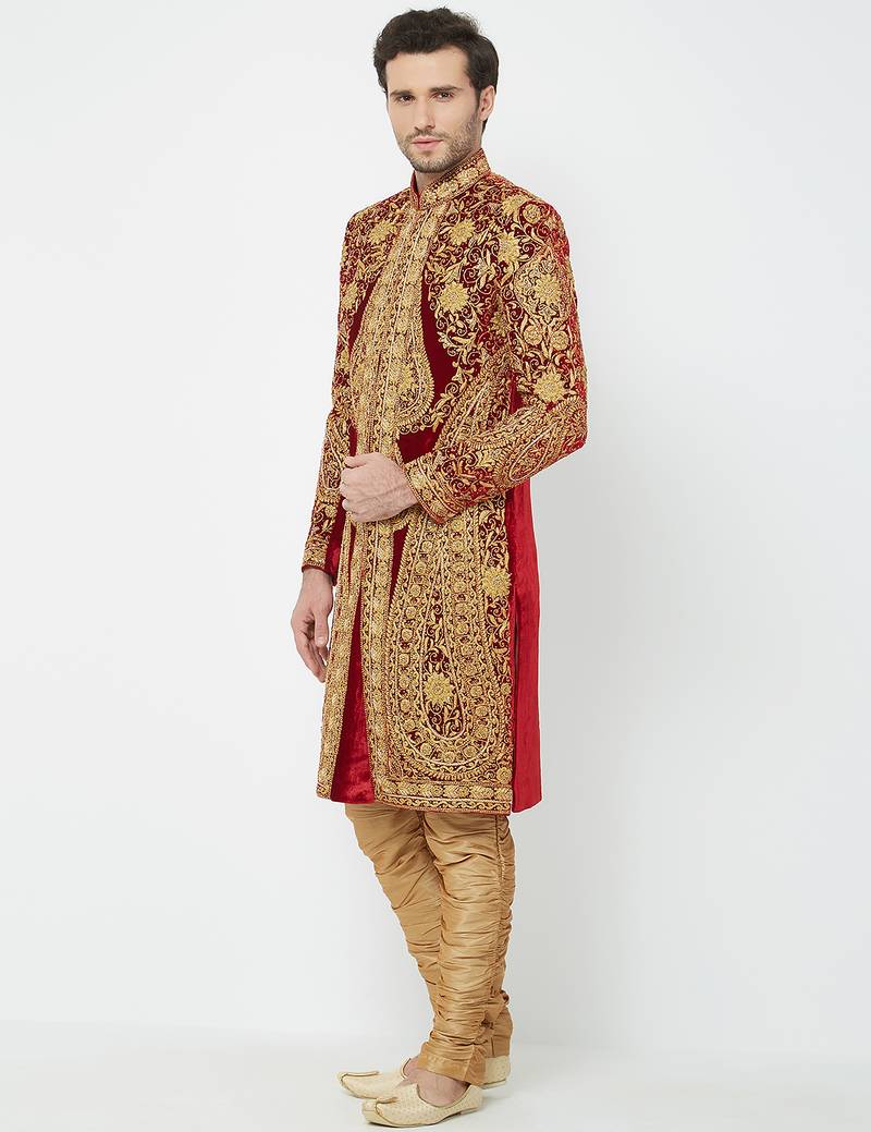 Maroon art silk straight embroidery with handwork sherwani for men's