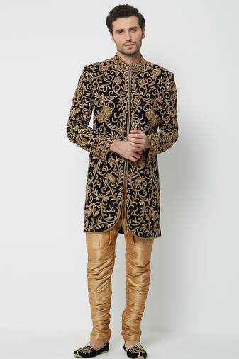 Black art silk straight embroidery with handwork sherwani for men's