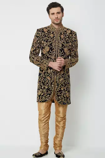 Black art silk straight embroidery with handwork sherwani for men's