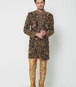 Black art silk straight embroidery with handwork sherwani for men's