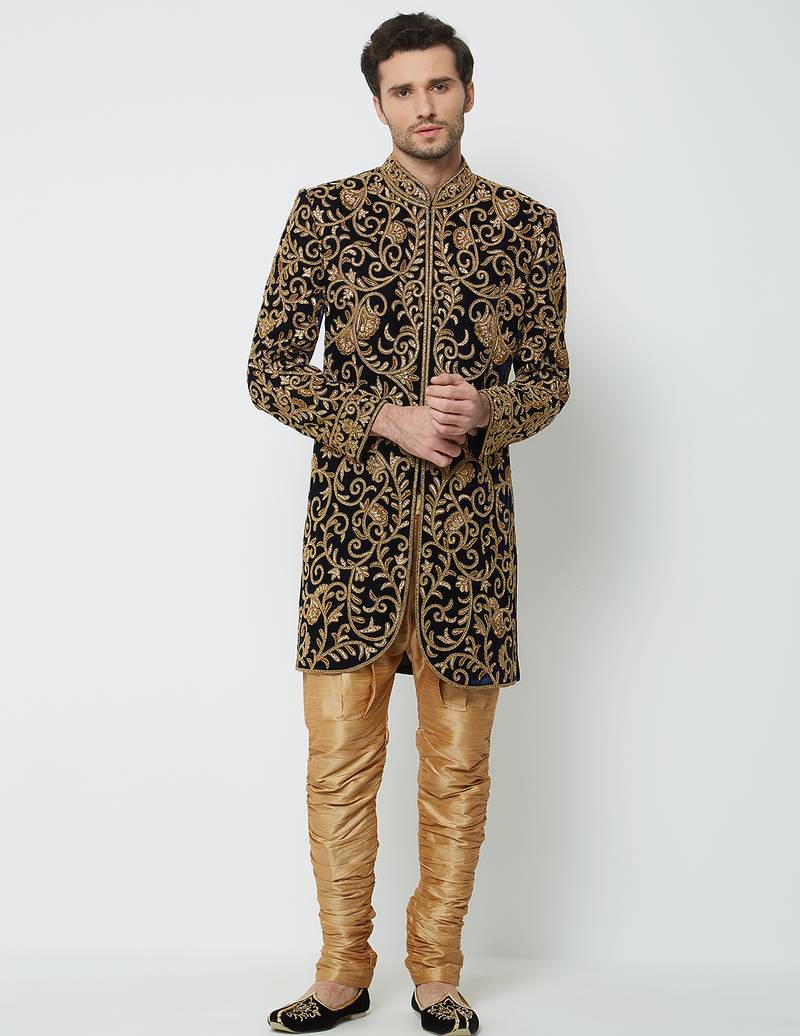 Black art silk straight embroidery with handwork sherwani for men's
