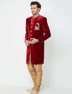 Maroon Art silk straight embroidery with handwork sherwani for men's 2