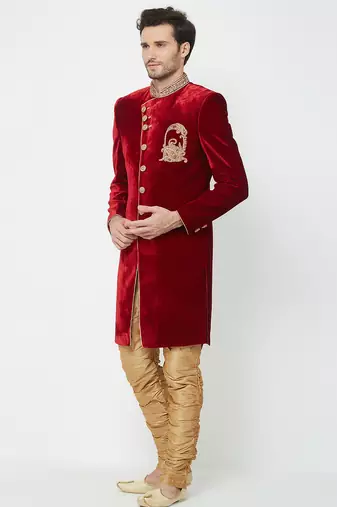 Maroon art silk straight embroidery with handwork sherwani for men's