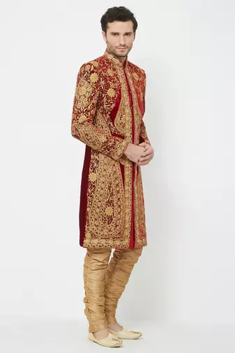 Maroon art silk straight embroidery with handwork sherwani for men's