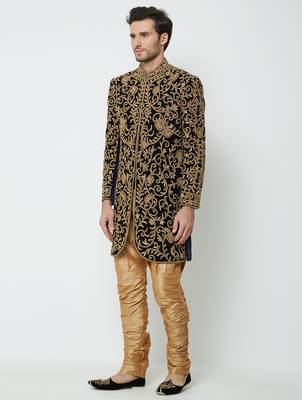 Black Art silk straight embroidery with handwork sherwani for men's 2