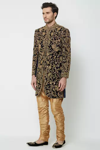 Black art silk straight embroidery with handwork sherwani for men's