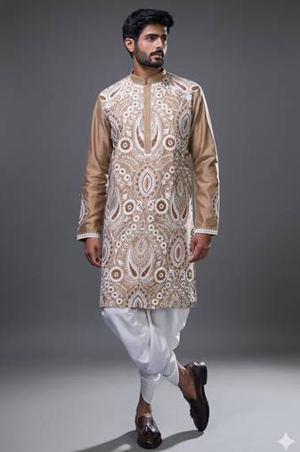 Beige silk straight embroidery beige silk embroidery garden kurta pant set