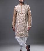 Beige silk straight embroidery beige silk embroidery garden kurta pant set