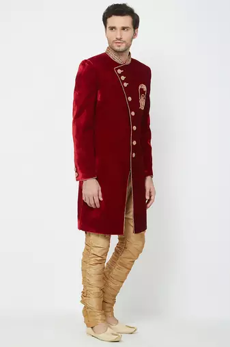 Maroon art silk straight embroidery with handwork sherwani for men's