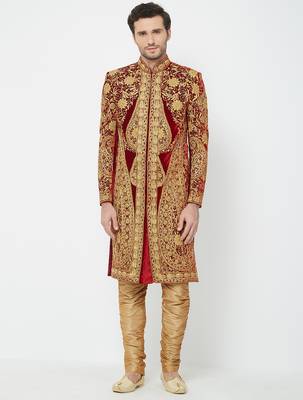 Maroon Art silk straight embroidery with handwork sherwani for men's 3