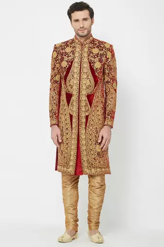 Maroon art silk straight embroidery with handwork sherwani for men's