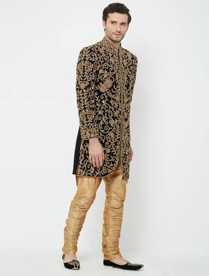 Black Art silk straight embroidery with handwork sherwani for men's 3