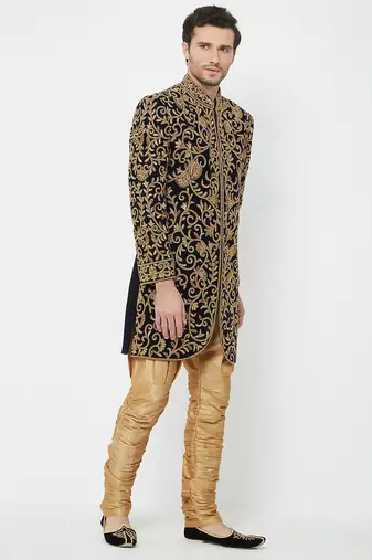 Black art silk straight embroidery with handwork sherwani for men's