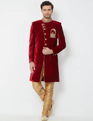 Maroon Art silk straight embroidery with handwork sherwani for men's 4