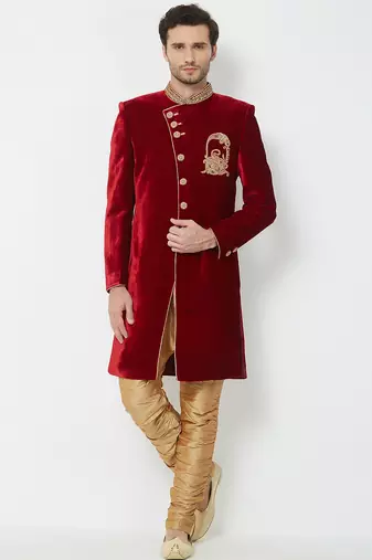 Maroon art silk straight embroidery with handwork sherwani for men's