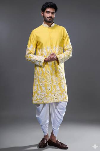 Yellow silk straight embroidery, mirror yellow silk embroidery, mirrors floral and work kurta pant set