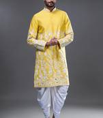 Yellow silk straight embroidery, mirror yellow silk embroidery, mirrors floral and work kurta pant set