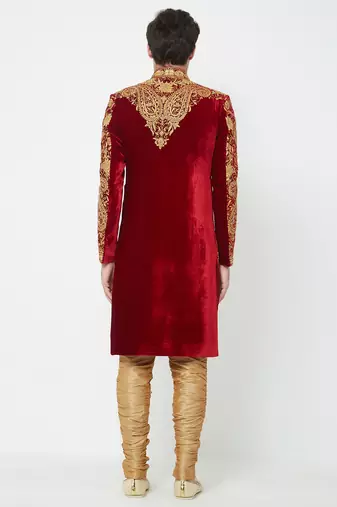 Maroon art silk straight embroidery with handwork sherwani for men's