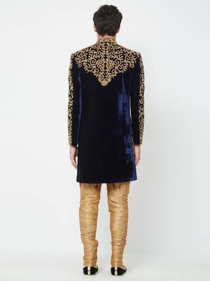 Black Art silk straight embroidery with handwork sherwani for men's 4