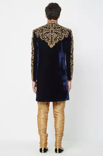 Black art silk straight embroidery with handwork sherwani for men's