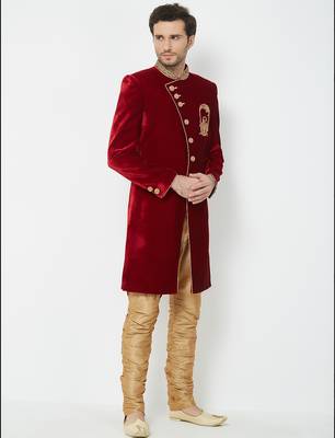Maroon Art silk straight embroidery with handwork sherwani for men's 5
