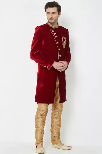 Maroon art silk straight embroidery with handwork sherwani for men's