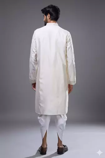 Cream silk straight embroidery cream silk embroidery thread work kurta set