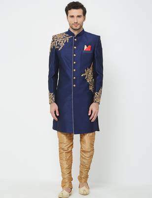 Navy blue Art silk straight embroidery with handwork sherwani for men's 1