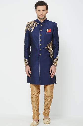 Navy blue art silk straight embroidery with handwork sherwani for men's