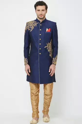 Navy blue art silk straight embroidery with handwork sherwani for men's