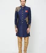 Navy blue art silk straight embroidery with handwork sherwani for men's