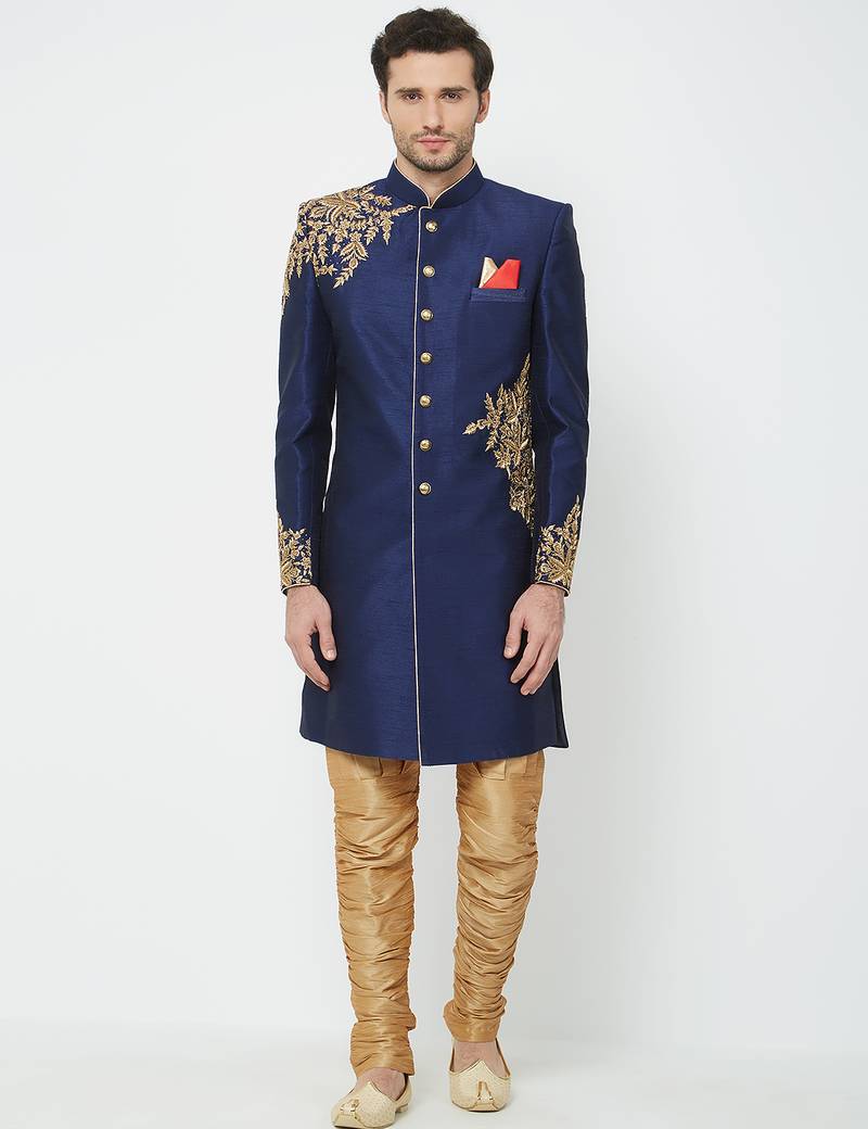 Navy blue art silk straight embroidery with handwork sherwani for men's