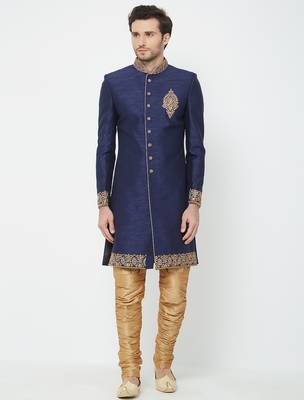 Navy blue Art silk straight embroidery with handwork sherwani for men's 1