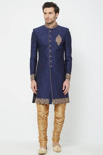 Navy blue art silk straight embroidery with handwork sherwani for men's