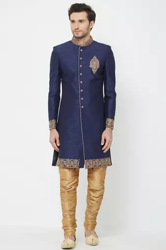 Navy blue art silk straight embroidery with handwork sherwani for men's