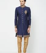 Navy blue art silk straight embroidery with handwork sherwani for men's